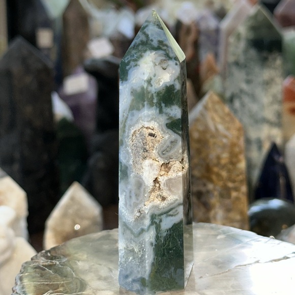 Moss Agate Crystal Point With Druzy! - Picture 3 of 11